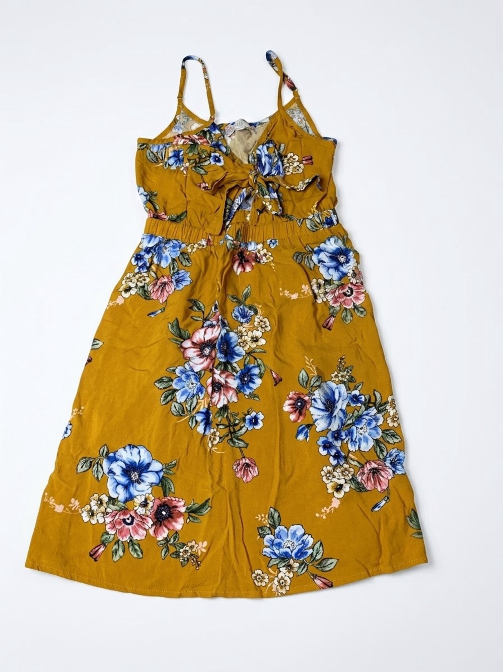 Pink Rose Vintage Mustard Floral Front Tie Mini Dress S